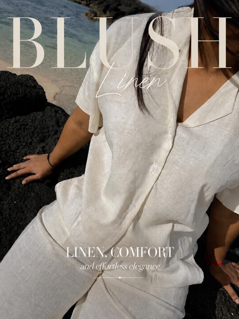Cream linen set worn at the ocean’s edge — BLUSH Linen